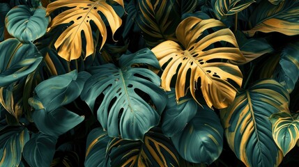 Tropical leaves backdrop, green gold monstera leaves background, nature and abstract texture