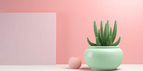 Empty mockup design for product on pink the wall with vase cactus plant by generative AI illustration.