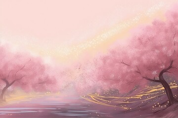 illustration style Japanese waves rough image background gold color blossom Cherry