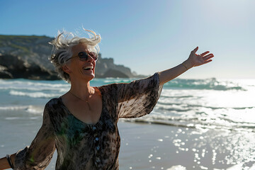 A Happy Mature Woman Dancing with Abandon on the Beach, Celebrating Life's Vibrancy