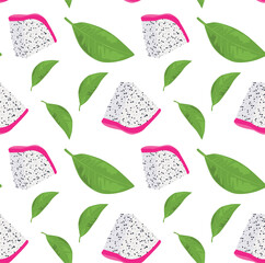 Triangular slices of dragon fruit with pulp and seeds on a background of leaves (pitaya). Realistic image of tropical fruits. Seamless pattern in vector. Suitable for backgrounds and prints.