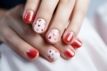 Naklejka premium Woman's Valentine's day fingernails with white and red colored nail polish with red hearts