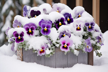 Pansies flowers covered in snow