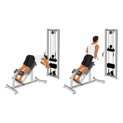 Man doing crossover machine cable row and back extension exercise. Flat vector illustration isolated on white background