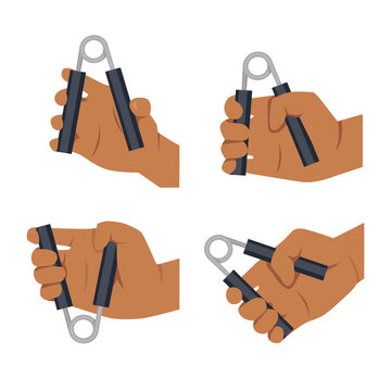 Man doing hand grip exercise set. Flat vector illustration isolated on white background