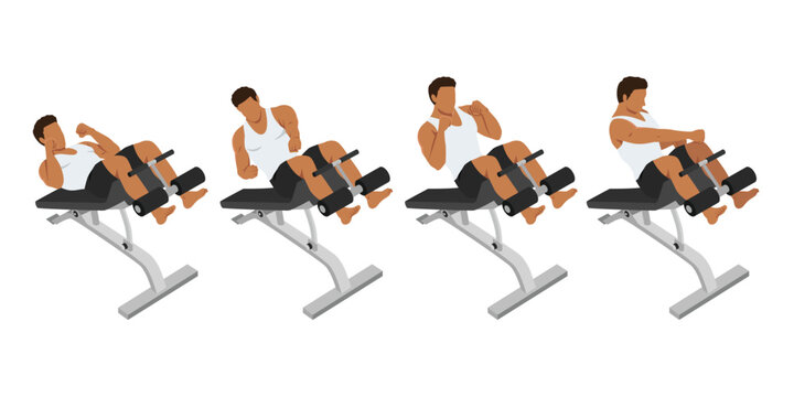 Man doing incline crunch punches exercise. Flat vector illustration isolated on white background