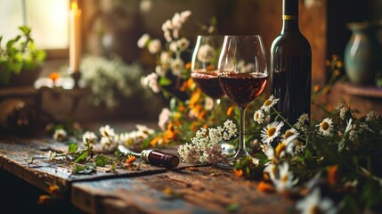 Bottles and wine glasses, beside which were flowers. - obrazy, fototapety, plakaty