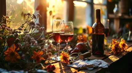  Bottles and wine glasses, beside which were flowers. © sirisakboakaew