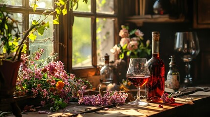 Bottles and wine glasses, beside which were flowers.