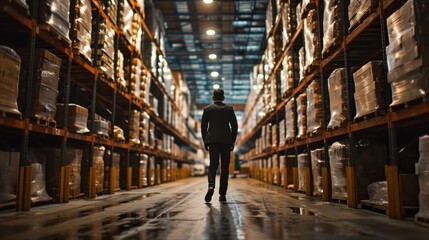 A businessman works to inspect merchandise while walking through a distribution warehouse. - obrazy, fototapety, plakaty