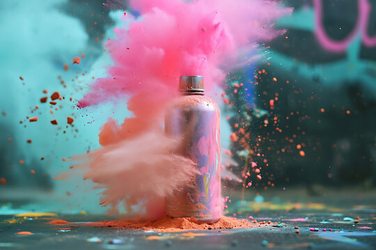 High-Quality Stock Photo of a Pink Aerosol Can Surrounded by a Cloud of Vibrantly Colored Powders. Artistic Composition in the Style of Light Orange and Teal, Infused with Video Glitches 