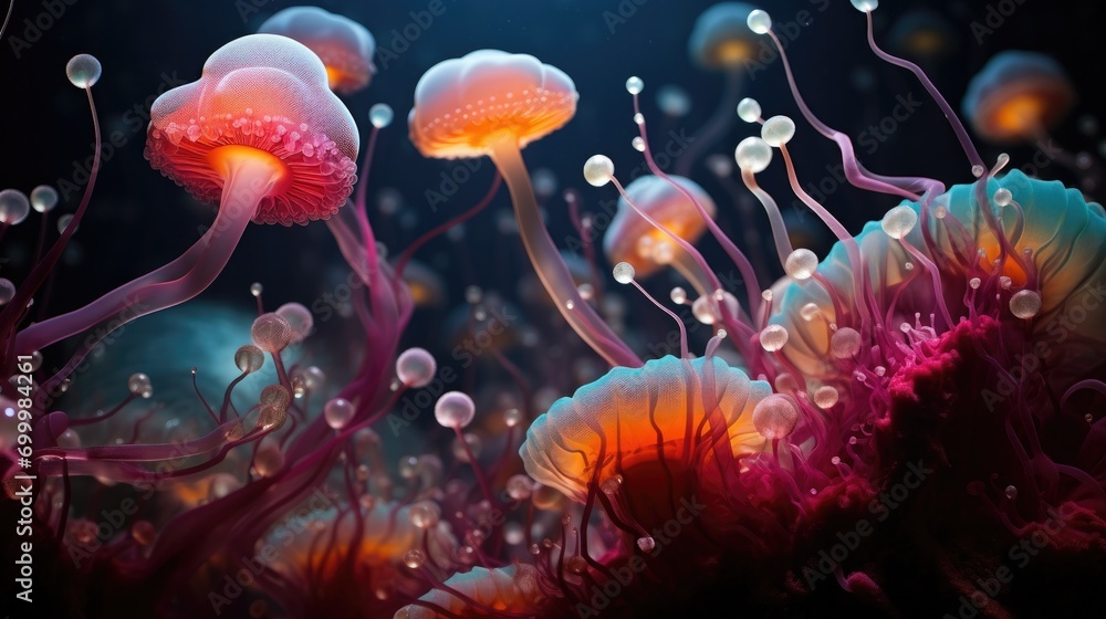 Aufkleber a group of jellyfishs floating in the ocean. generative ai.