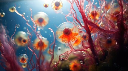 A group of jellyfishs floating in a body of water. Generative AI.