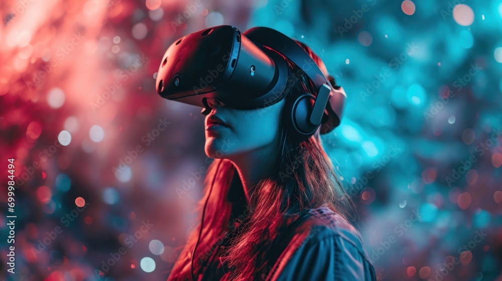 Canvas Prints girl uses virtual reality headset, universe sky game technology