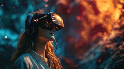 Girl uses virtual reality headset, universe sky game technology - obrazy, fototapety, plakaty