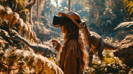 Girl uses virtual reality headset in prehistoric world around dinosaurs