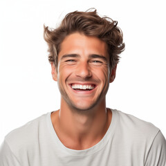 Obraz premium a professional portrait studio photo of a handsome young white american man model with perfect clean teeth laughing and smiling. isolated on white background. for ads and web design