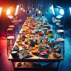 The image showcases a long table laden with a variety of colorful and appetizing dishes, set against a backdrop illuminated by multiple lights.