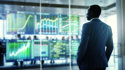 Fototapeta premium A businessman in the office watches the market reaction on monitors in the exchange hall, real-time trading, financial analysis of market changes