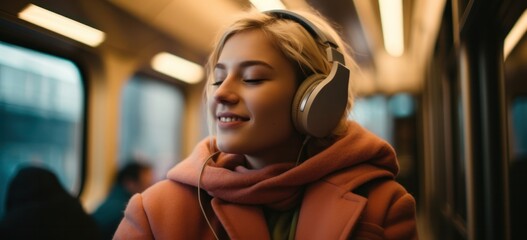 Young woman enjoying music on headphones during train commute. Urban lifestyle and technology.