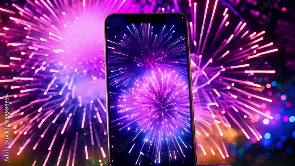 Poster an extreme closeup of a smartphone screen displaying a burst of colorful pixelated fireworks, repres