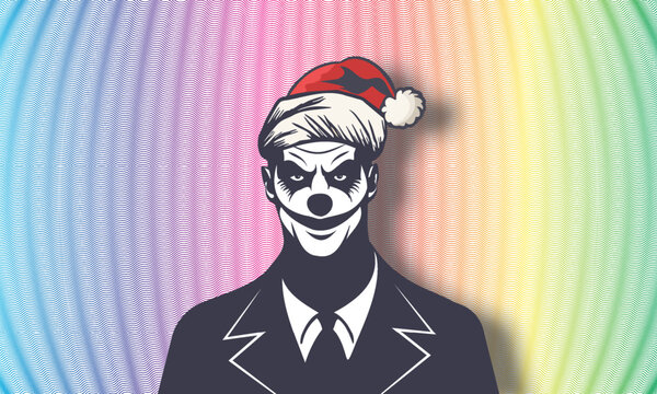 Vector graphic portrait of a strange powerful brutal male clown joker with a menacing look and wearing a Santa Claus hat against the backdrop of a bright colored festive guilloche grid.