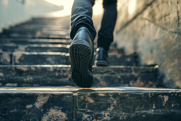 Close-Up of a Young Businessman's Feet Sprinting Up Stairs in an Office – Symbolizing Ambition, Determination, and the Ascent Towards Professional Success - obrazy, fototapety, plakaty