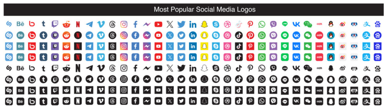 Set of Popular Social Media Logos and Icons. Facebook, Instagram, LinkedIn, Netflix, Tencent, QQ, Xiaohongshu, Weibo, RenRen, Reddit, Baidu, Snapchat, Telegram, Threads, TikTok, WeChat, WhatsApp, X