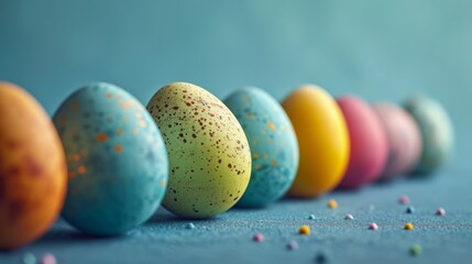 Easter colored eggs stand vertically on a blue background - obrazy, fototapety, plakaty