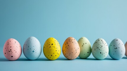 Easter colored eggs stand vertically on a blue background - obrazy, fototapety, plakaty