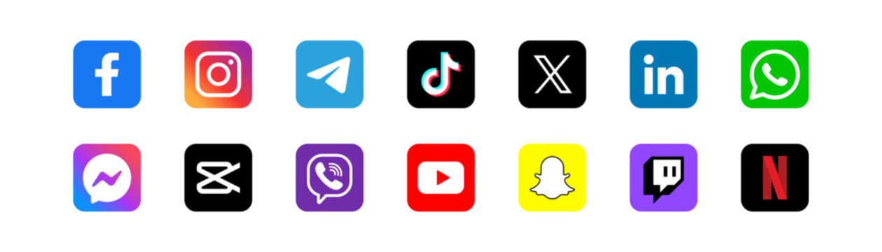 Social media logotype. Facebook, Instagram, Twitter, Telegram, Linkedin, Viber, Whatsapp, Tiktok, Capcut, Messenger, Snapchat, Youtube, Twitch, Netflix logo. Popular editorial app.