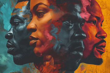 Artistic representation of faces in profile view with vibrant colors symbolizing diversity and unity for Black History Month. - obrazy, fototapety, plakaty