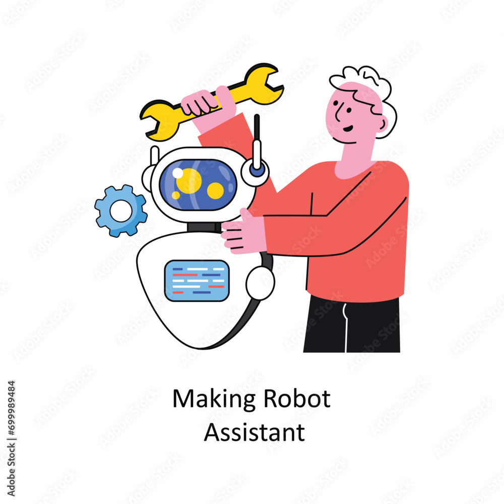 Poster man making robot assistant vector filled outline design illustration. symbol on white background eps