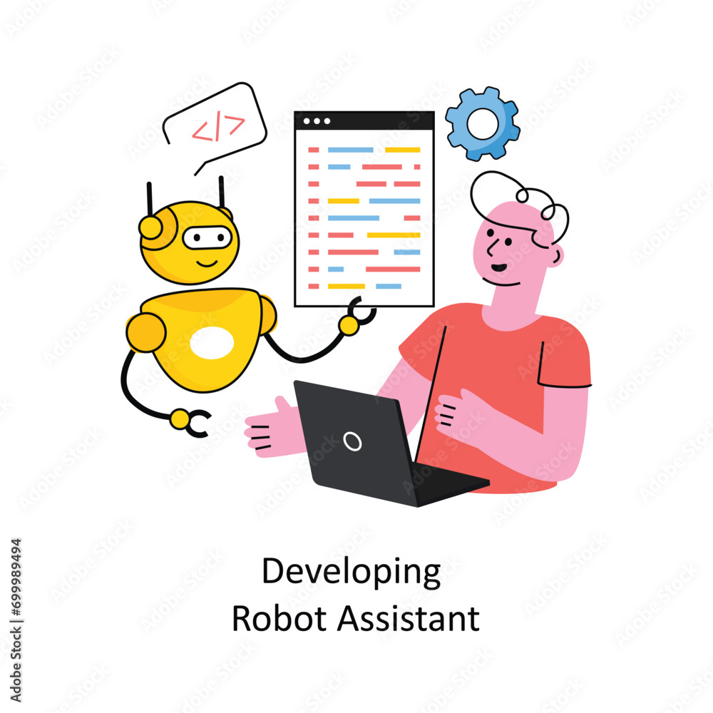 Poster developing robot assistant vector filled outline design illustration. symbol on white background eps