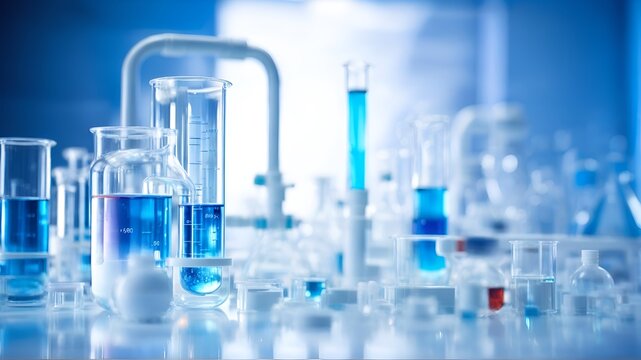chemical test tubes on a clean and tidy table, bright light blue lighting, laboratory background.