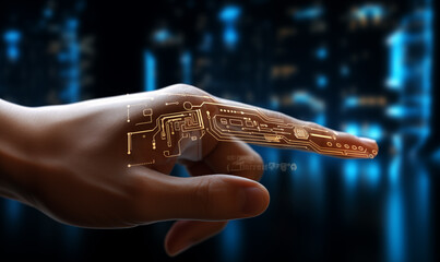 Hand touching virtual button on media screen. Technology and innovation concept.