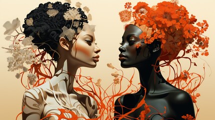 a portrait of two women, a concept of racism, a tree roots black woman, flowers on white woman