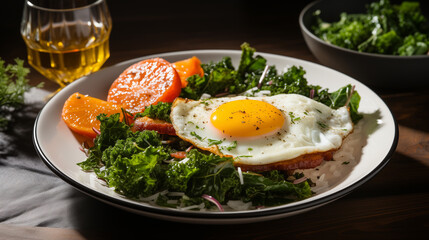 Fried eggs with bacon and fresh vegetables on the plate, soft focus background