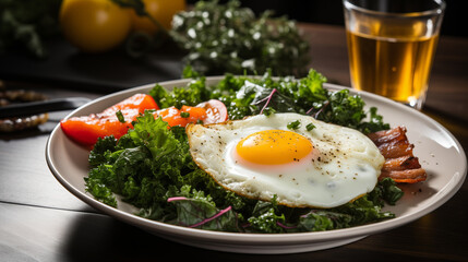 Fried eggs with bacon and fresh vegetables on the plate, soft focus background
