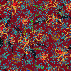 summer lily and blooming flowers seamless pattern in vector hand brushed watercolor ,Hand painting design for fashion,fabric,wallpaper,web and all prints on sky blue background color