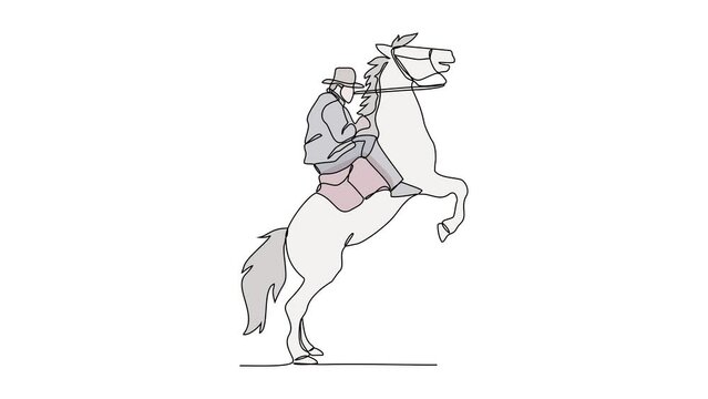 Animated self drawing of people riding the horse. A jockey is someone who rides a horse in a race. Riding the horse in simple linear style vector illustration. Suitable design for your asset.