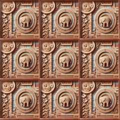 3D wooden panel with elephant curved tile pattern with flowers