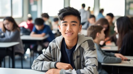 A confident 15-year-old Asian boy smiles for the camera while sitting at a modern school desk in a bustling classroom. Generative AI.