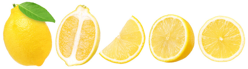 lemon fruit with leaves, slice, and half isolated, Fresh and Juicy Lemon, transparent PNG, PNG format, cut out.