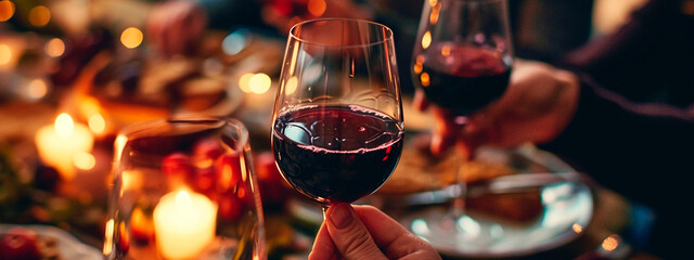 Glasses of wine in the hands of friends at a party. Selective focus. - obrazy, fototapety, plakaty