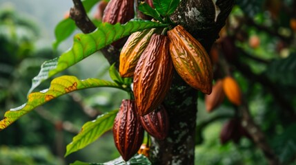 The fruit-bearing cocoa tree. On the trees of the cacao plantation, yellow and green cocoa pods grow