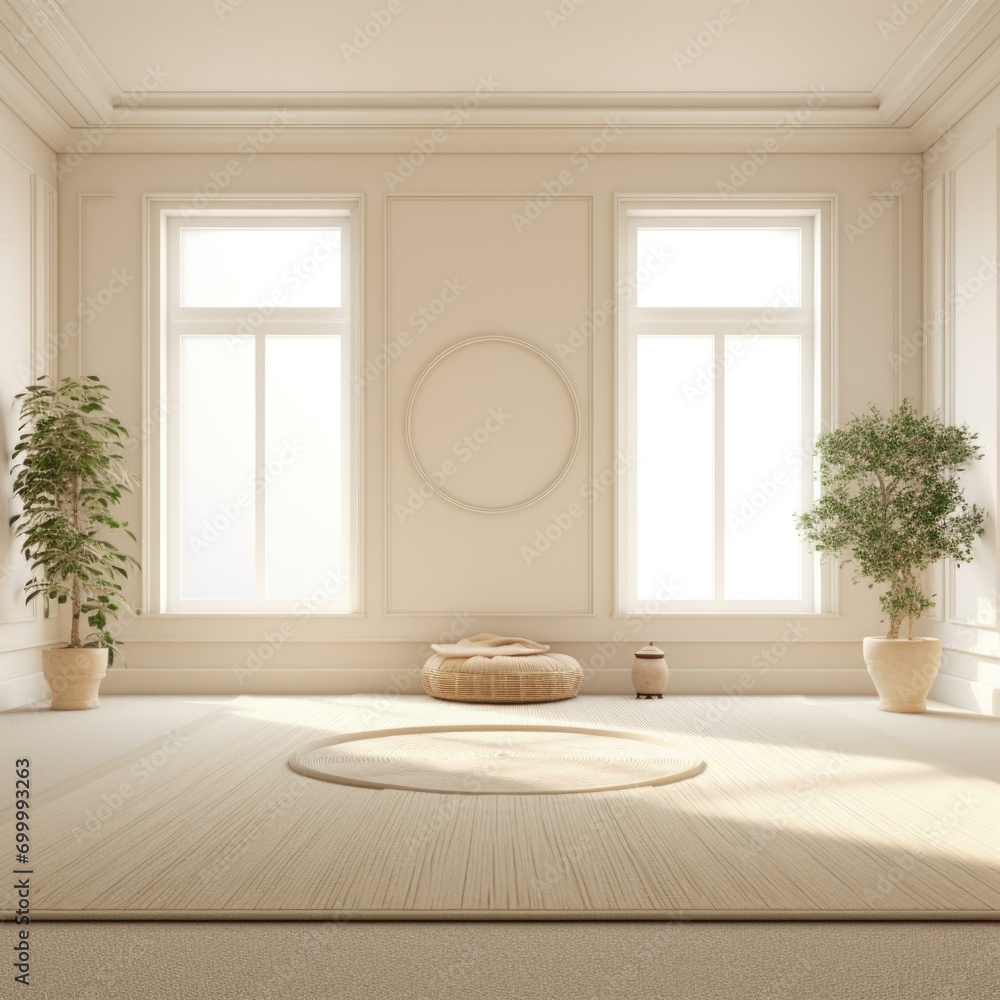 Poster empty room with white walls and a round window. generative ai.