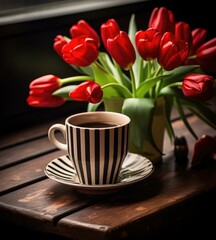 Fototapeta na wymiar A cup of coffee and a vase of red tulips. Generative AI.