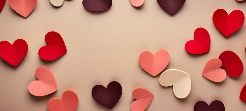 Valentine's day background with red and brown paper hearts.