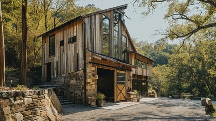 A rustic barn with a stone wall and a wooden door. Generative AI.
